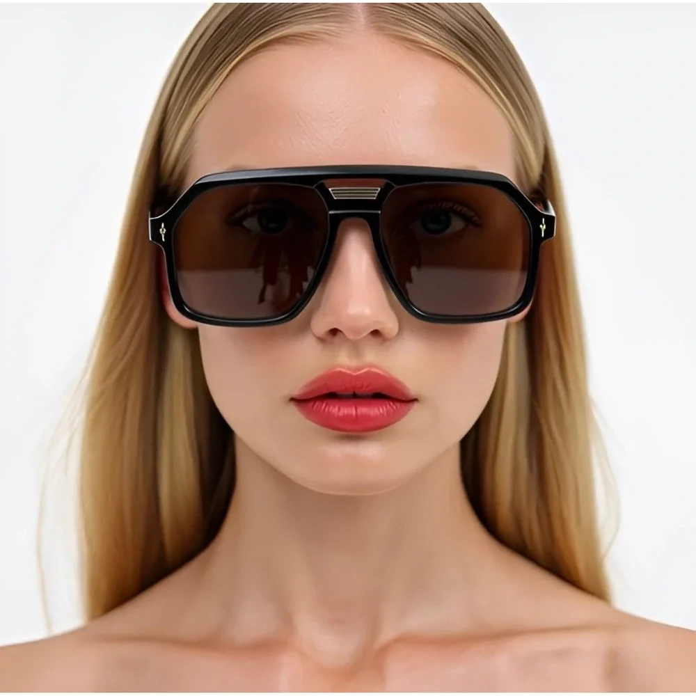Oversized Flat Top Aviator Sunglasses Black Frame Brown Lens Square Shield 142mm